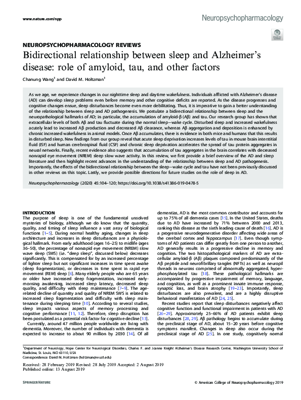 (PDF) Bidirectional relationship between sleep and Alzheimer’s disease ...