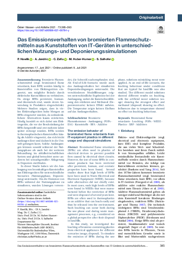 Das Emissionsverhalten von bromierten Flammschutzmitteln aus Kunststoffen von IT-Geräten in unterschiedlichen Nutzungs- und Deponierungssimulationen