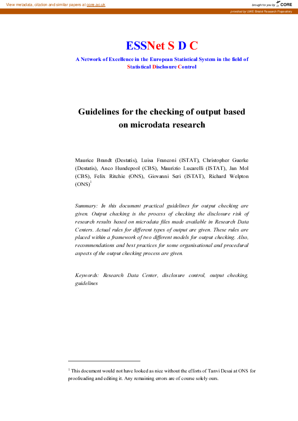 (PDF) Guidelines for the checking of output based on microdata research
