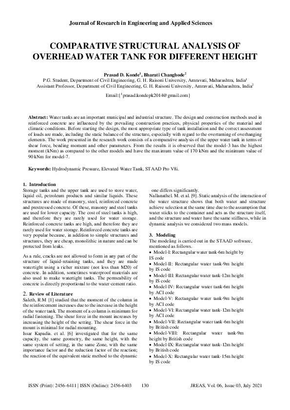 (PDF) Comparative Structural Analysis of Overhead Water Tank for ...