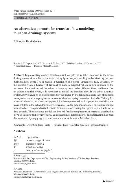 (PDF) An alternate approach for transient flow modeling in urban ...
