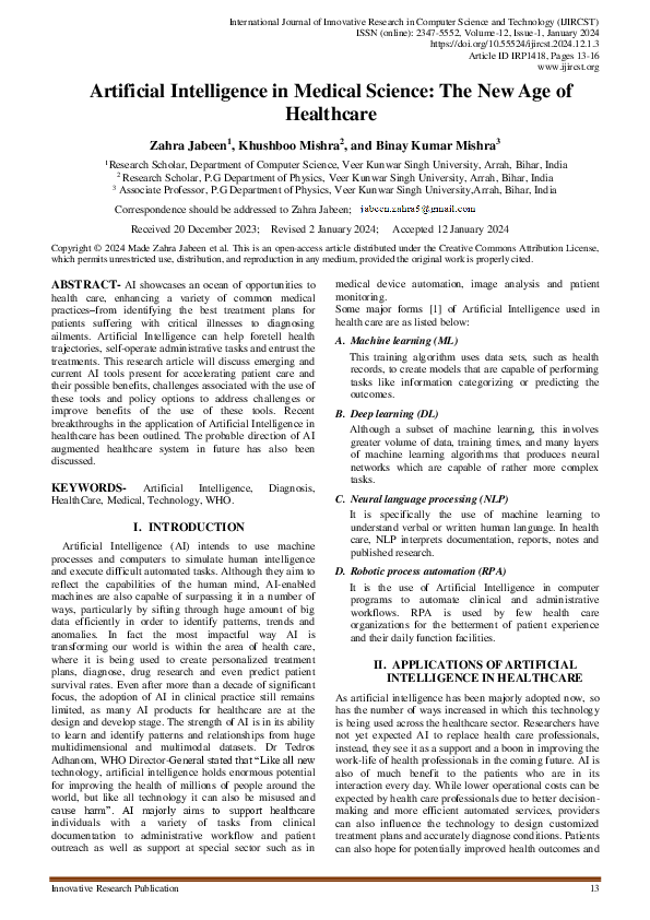 (PDF) Artificial intelligence in medical science the new age of healthcare