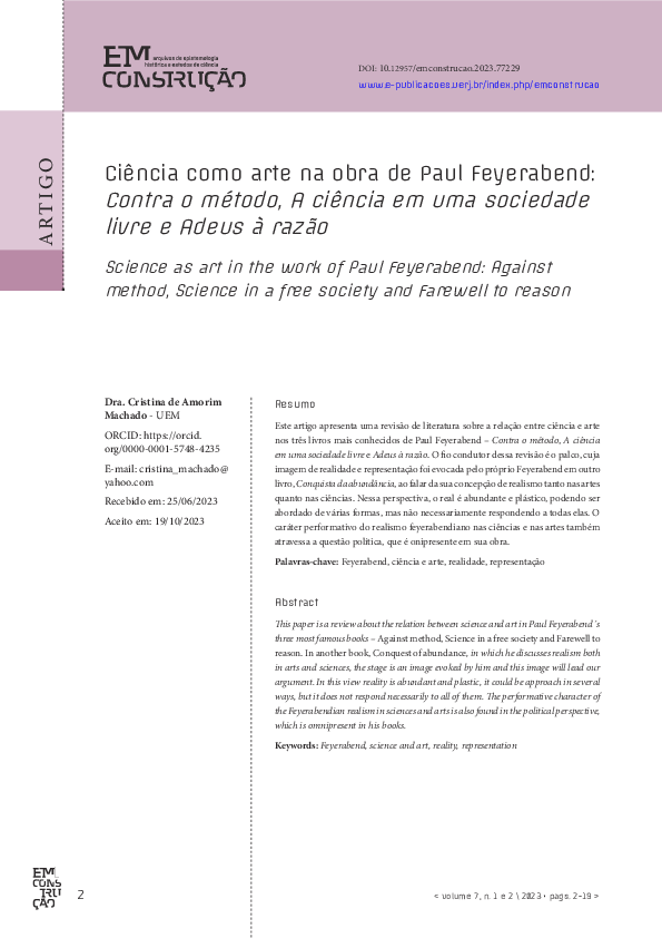 (PDF) Ciência como arte na obra de Paul Feyerabend: Contra o método, A ...