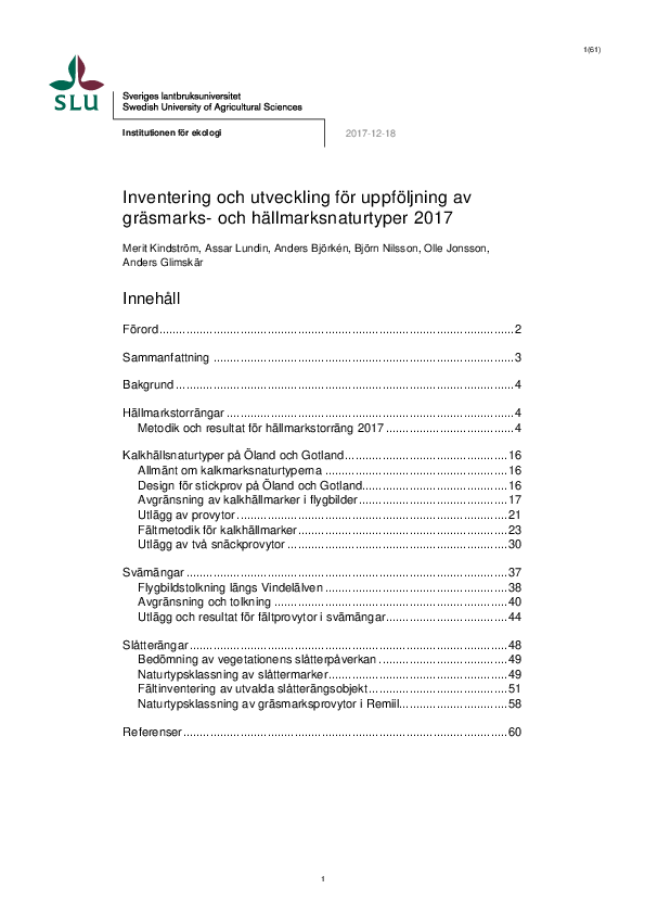 (PDF) Inventering och utveckling för uppföljning av gräsmarks- och ...