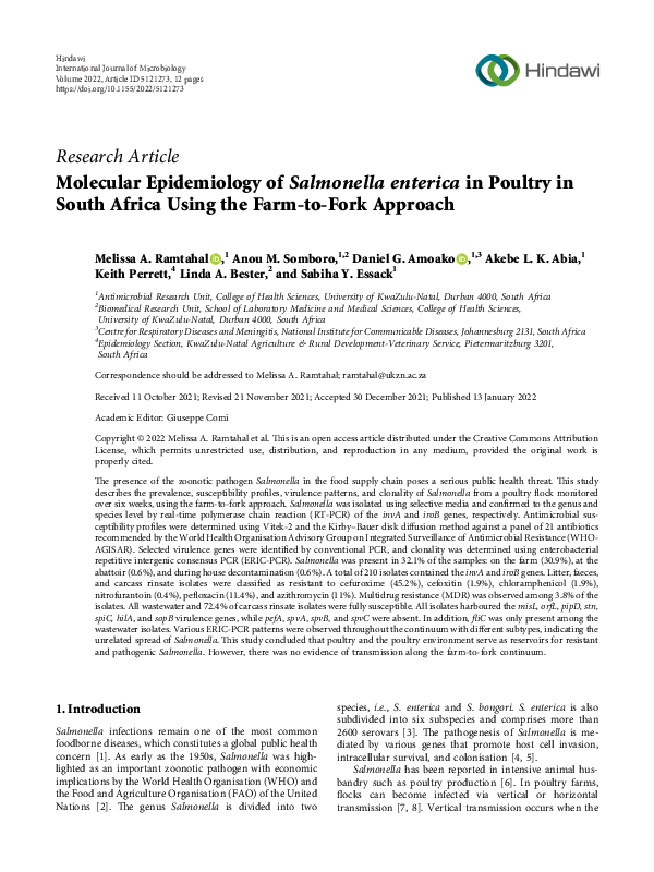 (PDF) Molecular Epidemiology of Salmonella enterica in Poultry in South ...