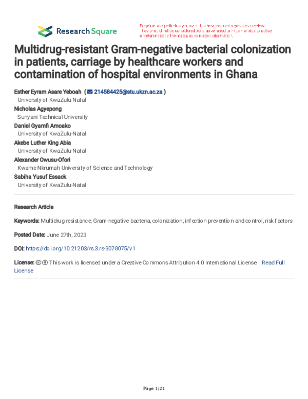 (PDF) Multidrugresistant Gramnegative bacterial colonization in