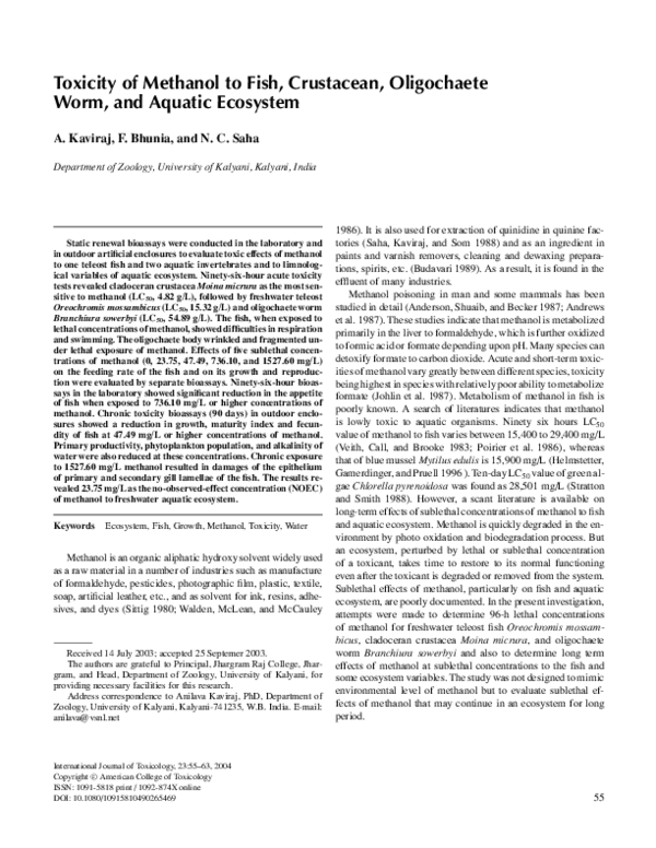 (PDF) Toxicity of Methanol to Fish, Crustacean, Oligochaete Worm, and ...