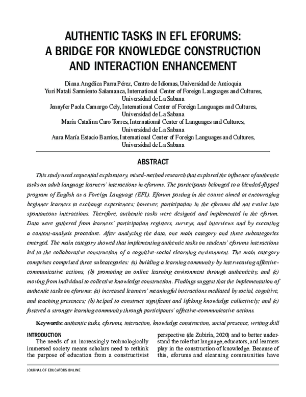 (PDF) AUTHENTIC TASKS IN EFL EFORUMS: A BRIDGE FOR KNOWLEDGE ...