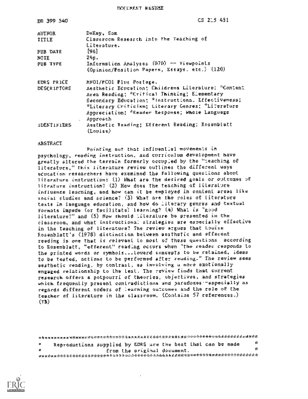 (PDF) Classroom Research into the Teaching of Literature | Sam DeKay ...