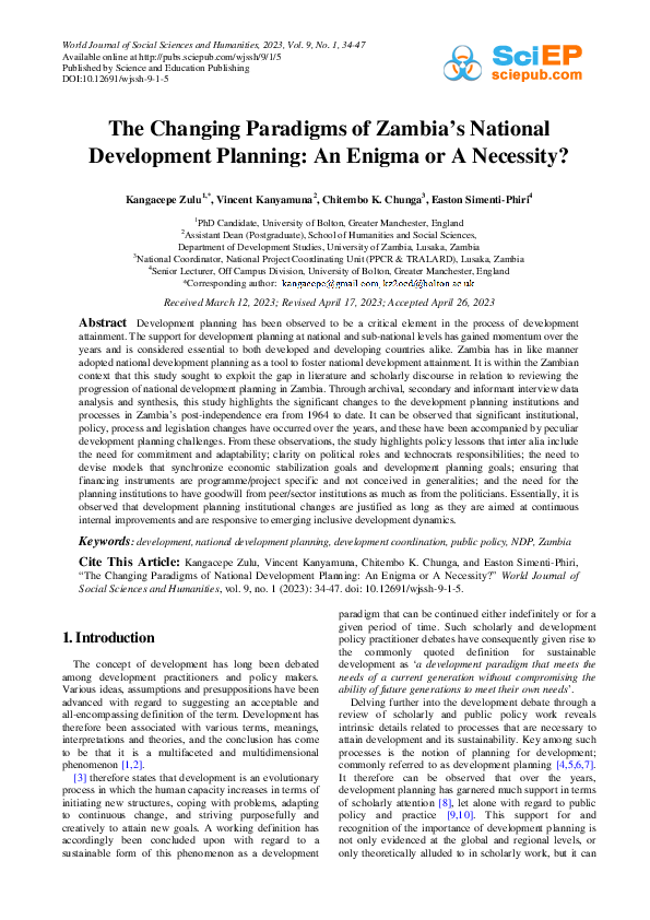 (PDF) The Changing Paradigms of Zambia’s National Development Planning ...