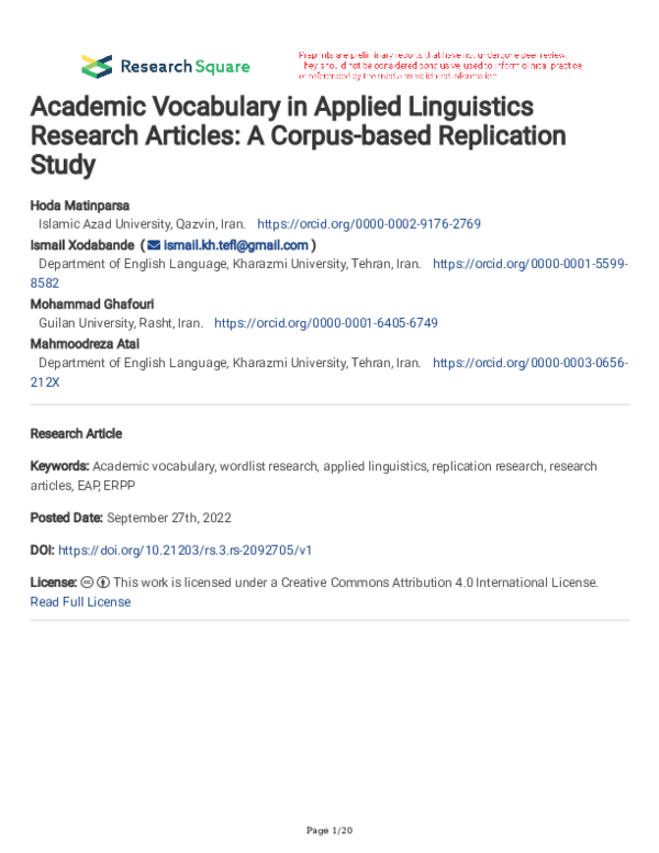 (PDF) Academic Vocabulary in Applied Linguistics Research Articles: A ...