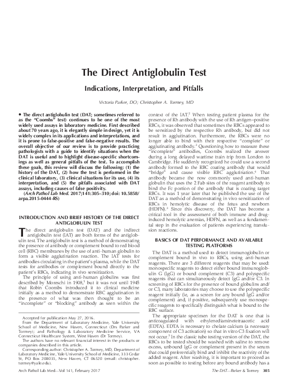 (PDF) The Direct Antiglobulin Test Indications, Interpretation, and ...