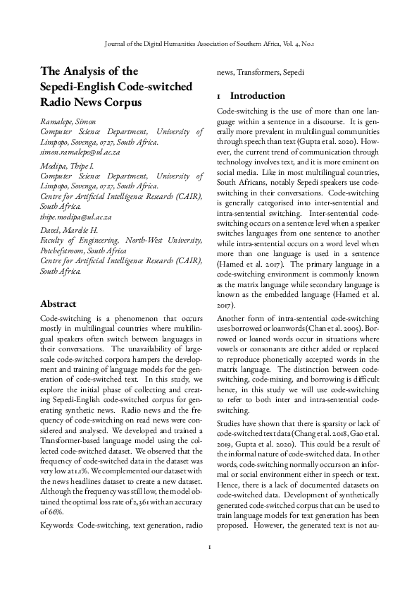 (PDF) The Analysis of the Sepedi-English Code-switched Radio News Corpus