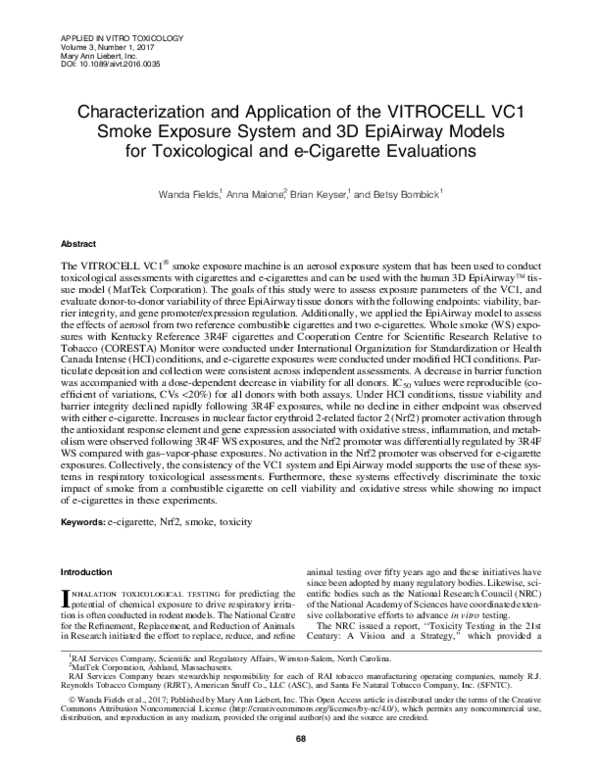 (PDF) Characterization and Application of the VITROCELL VC1 Smoke ...