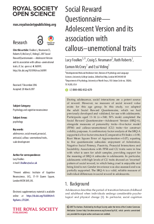 (PDF) Social Reward Questionnaire-Adolescent Version and its ...