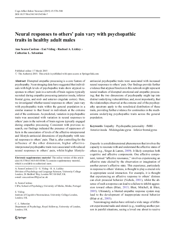 (PDF) Neural responses to others' pain vary with psychopathic traits in ...