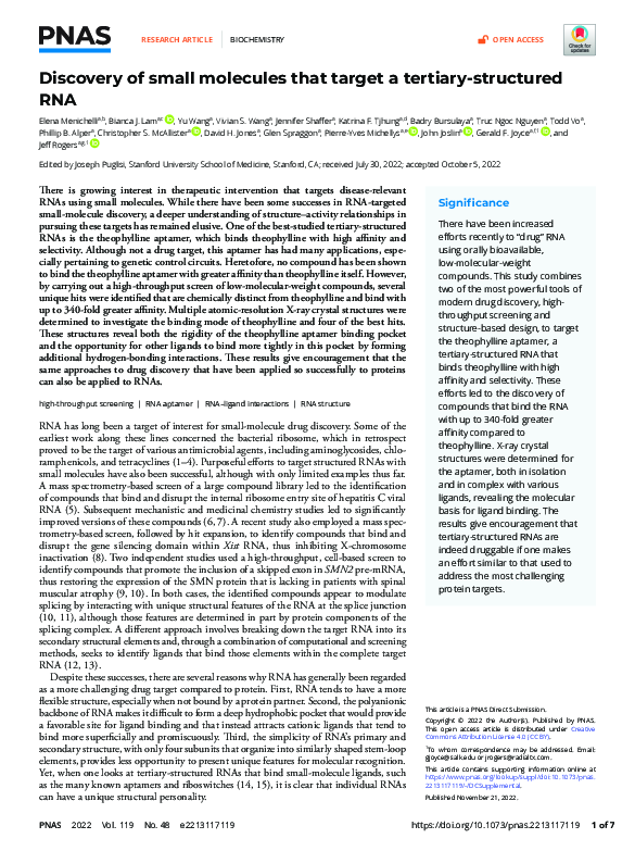 (PDF) Discovery of small molecules that target a tertiary-structured RNA