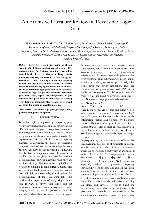 (PDF) An Extensive Literature Review on Reversible Logic Gates
