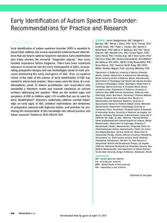 (PDF) Early Identification of Autism Spectrum Disorder: Recommendations ...