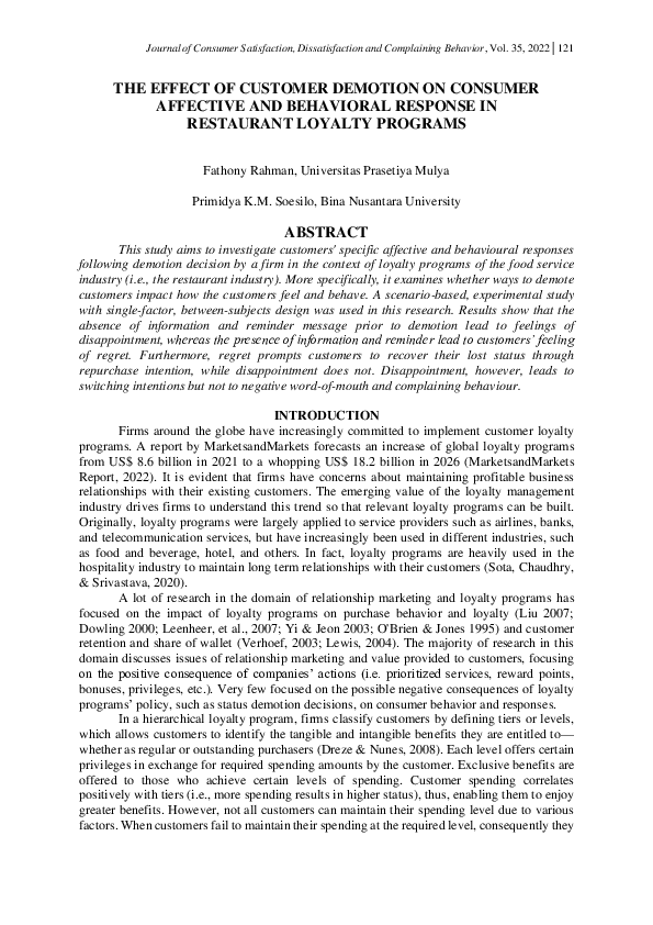 (PDF) THE EFFECT OF CUSTOMER DEMOTION ON CONSUMER AFFECTIVE AND ...