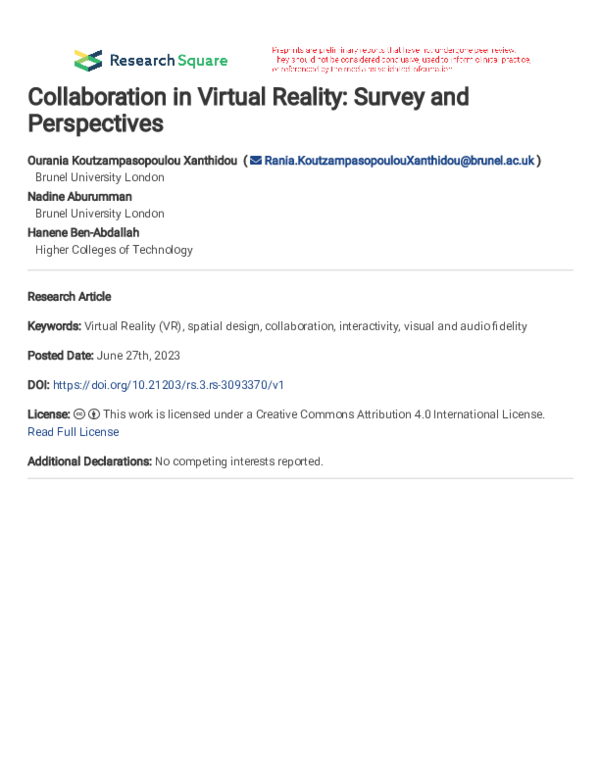 (PDF) Collaboration in Virtual Reality: Survey and Perspectives