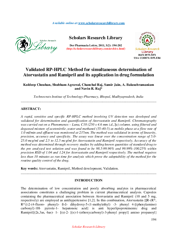 (PDF) Validated RP-HPLC Method for simultaneous determination of ...
