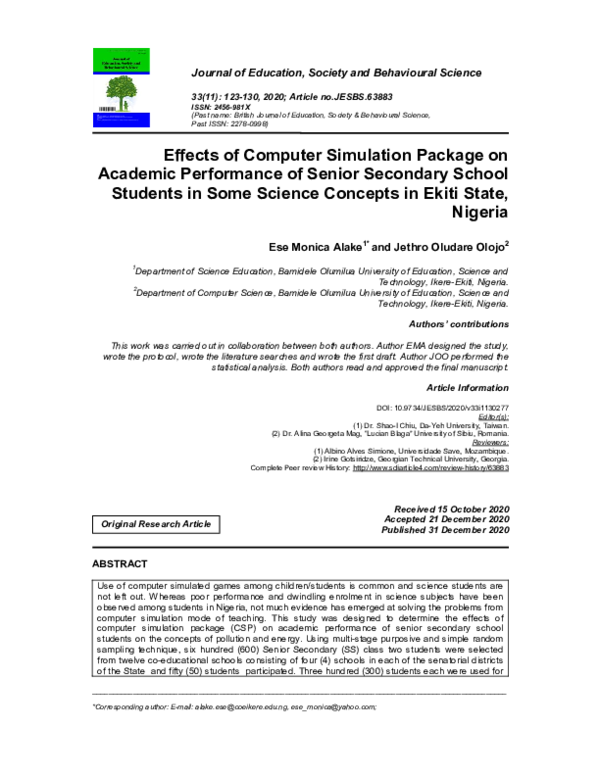 (PDF) Effects of Computer Simulation Package on Academic Performance of