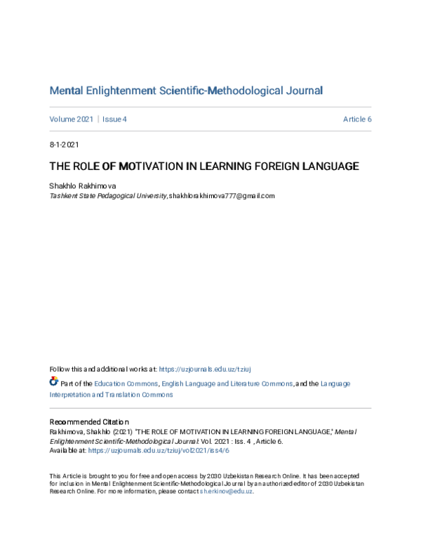 (PDF) The Role of Motivation in Learning Foreign Language