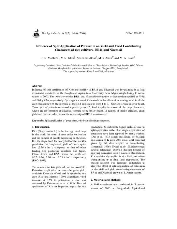 (PDF) Influence of Split Application of Potassium on Yield and Yield ...
