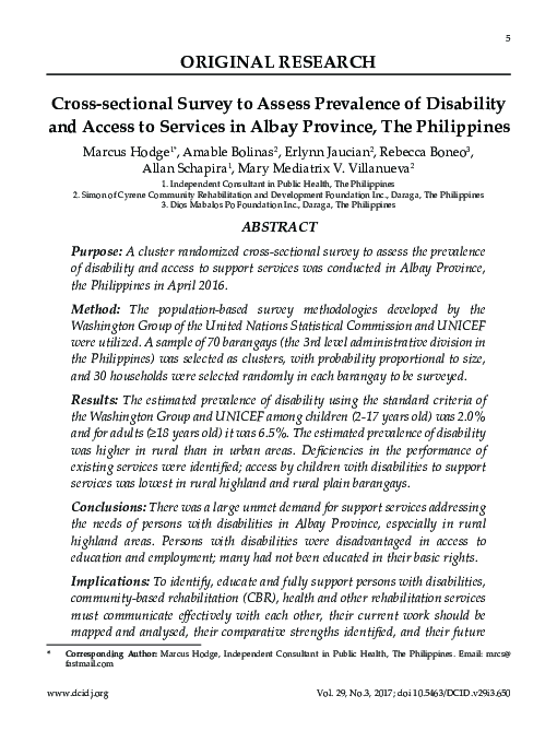 (PDF) Cross-sectional Survey to Assess Prevalence of Disability and ...