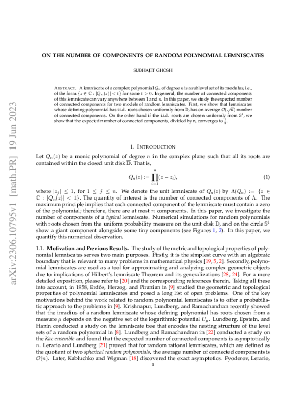 (PDF) On the number of components of random polynomial lemniscates