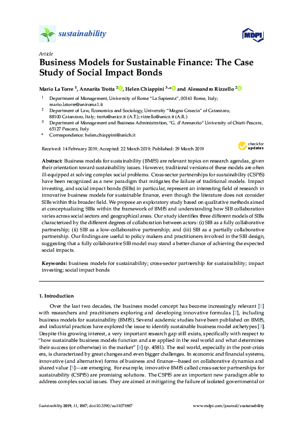 (PDF) Business Models for Sustainable Finance: The Case Study of Social ...