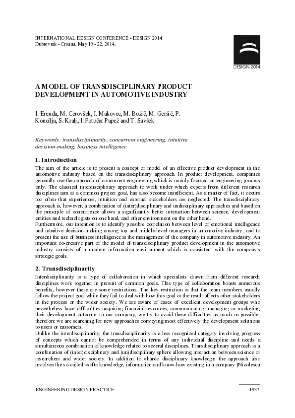 (PDF) A Model of Transdisciplinary Product Development in Automotive ...