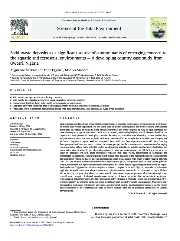Solid waste deposits as a significant source of contaminants of emerging concern to the aquatic and terrestrial environments - a developing country case study from Owerri, Nigeria