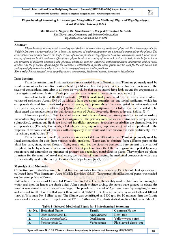 (PDF) Phytochemical Screening for Secondary Metabolites from Medicinal ...