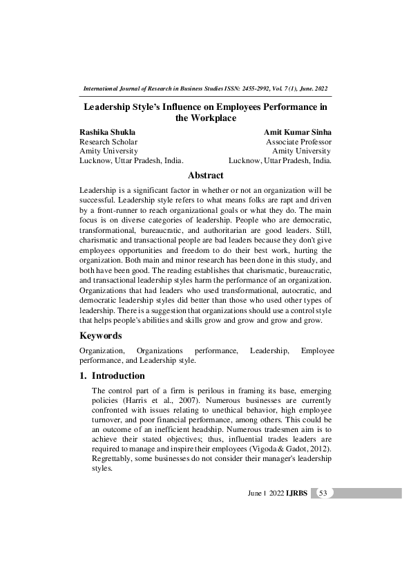 (PDF) Leadership Style's Influence on Employees Performance in the ...