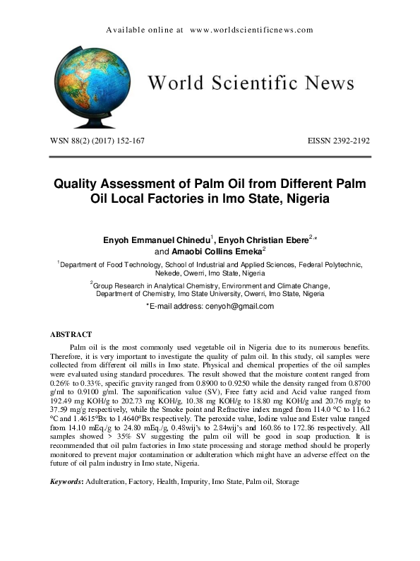 (PDF) Quality Assessment of Palm Oil from Different Palm Oil Local ...