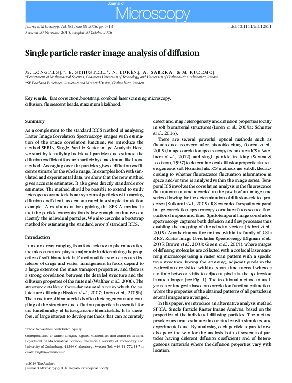 (PDF) Single particle raster image analysis of diffusion