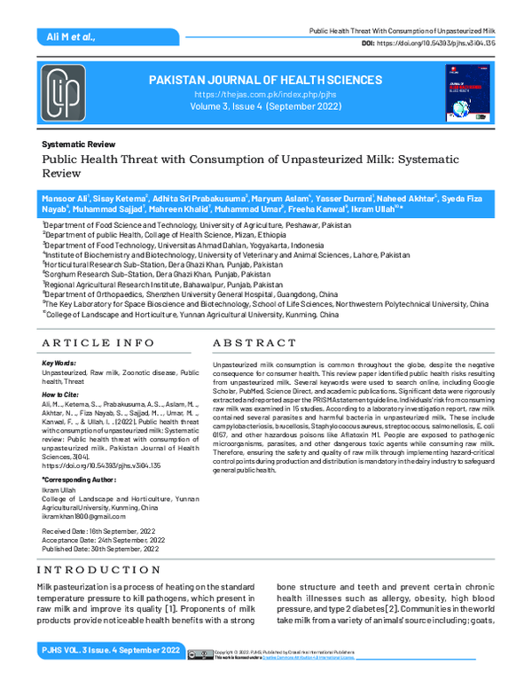 (PDF) Public health threat with consumption of unpasteurized milk ...