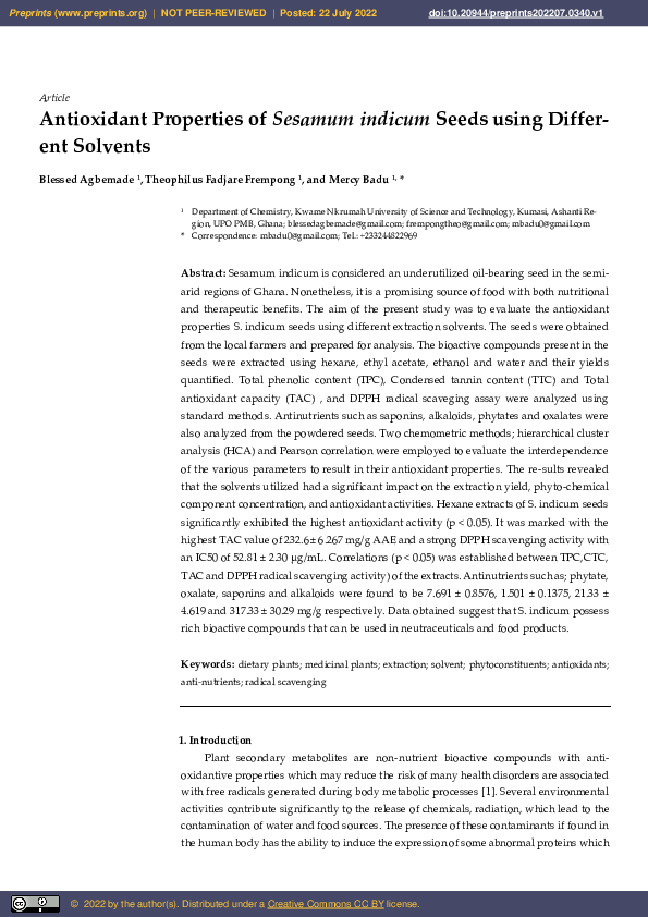 (PDF) Antioxidant Properties of Sesamum indicum Seeds using Different ...