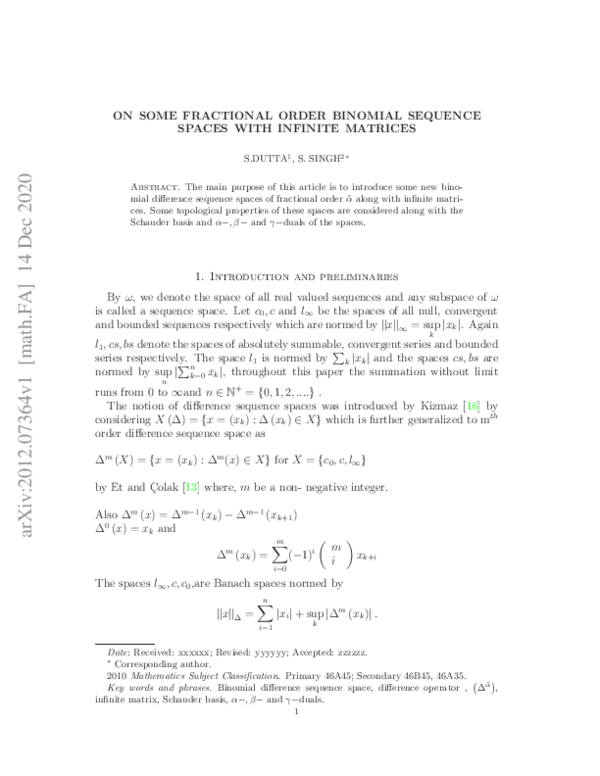 (PDF) On Some Fractional order Binomial sequence spaces with infinite ...