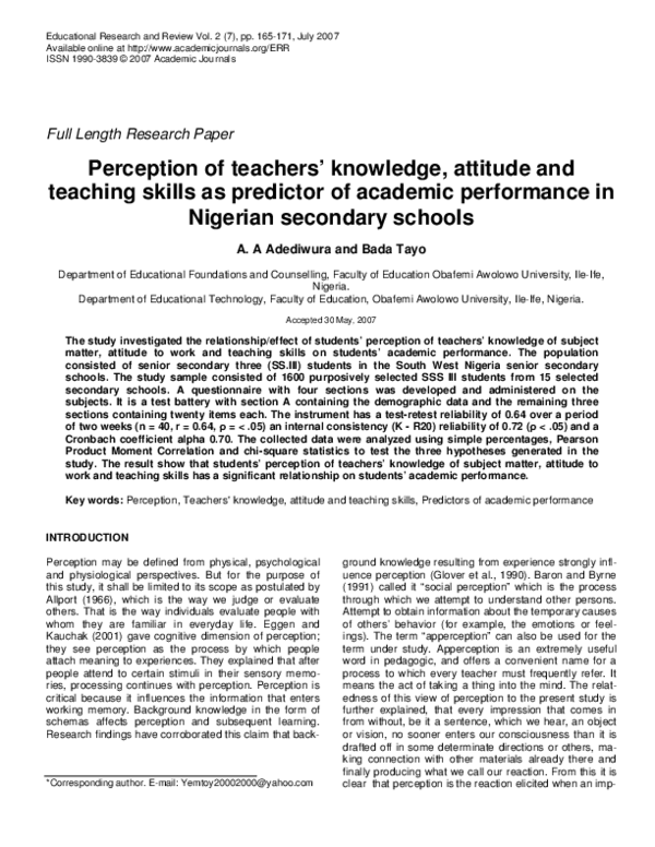 (PDF) Perception of teachers' knowledge, attitude and teaching skills ...