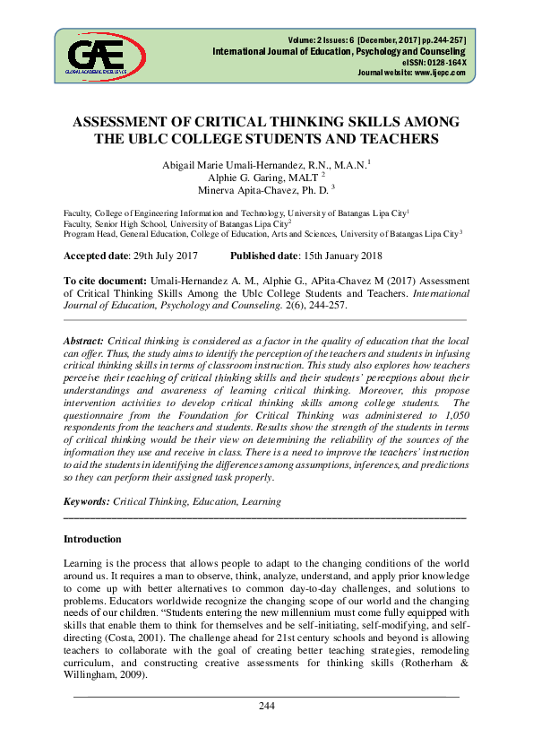 (PDF) Assessment of Critical Thinking Skills Among the Ublc College ...