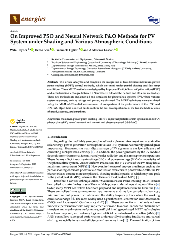 (PDF) On Improved PSO and Neural Network P&O Methods for PV System ...