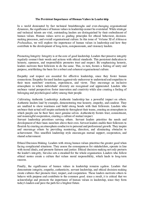 (PDF) The Persistent Importance of Human Values in Leadership