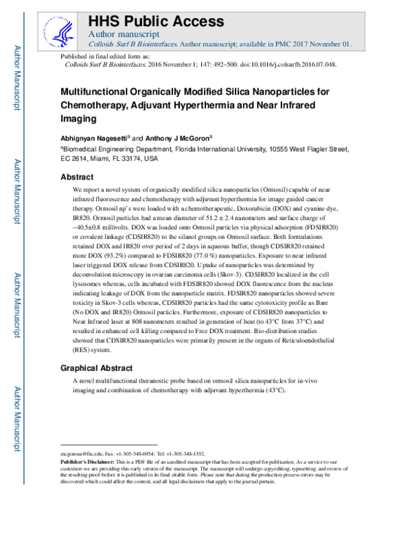 (PDF) Multifunctional organically modified silica nanoparticles for ...