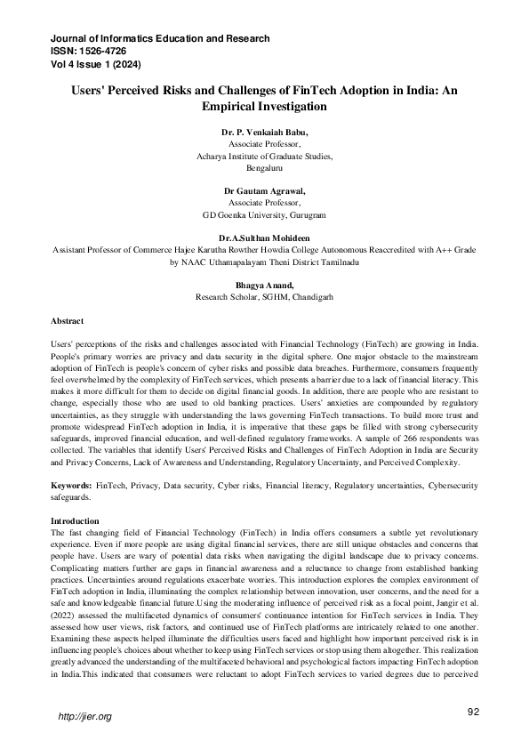 (PDF) Users' Perceived Risks and Challenges of FinTech Adoption in ...