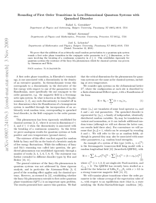 (PDF) Rounding of First Order Transitions in Low-Dimensional Quantum ...