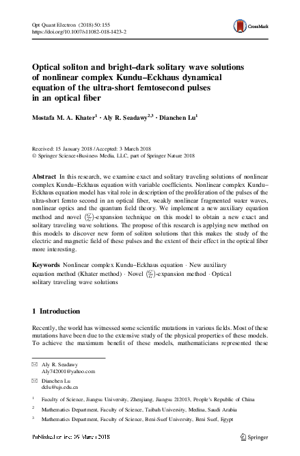 (PDF) Optical soliton and bright–dark solitary wave solutions of ...