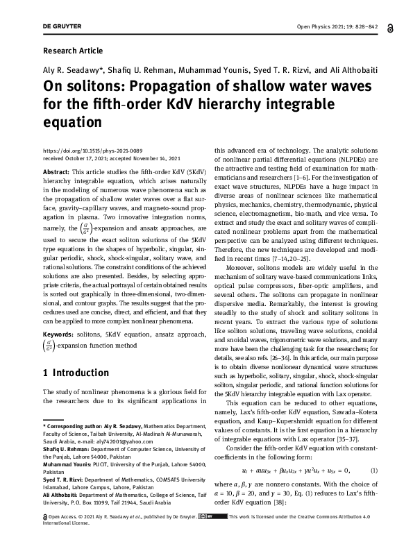 (PDF) On solitons: Propagation of shallow water waves for the fifth ...